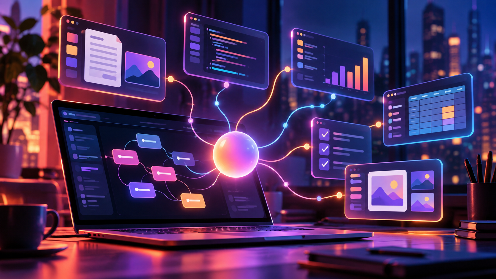 Ilustração de um agente digital interagindo com ferramentas e interfaces